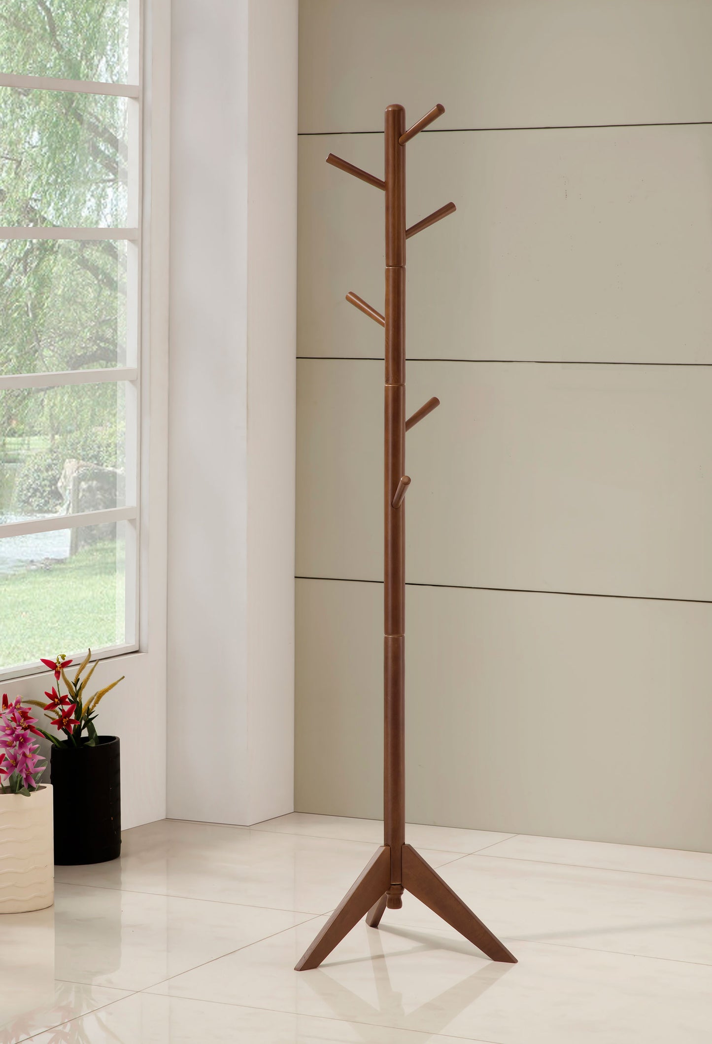 Devlin 6 Hook Freestanding Wood Coat Rack Hat Hanger Walnut