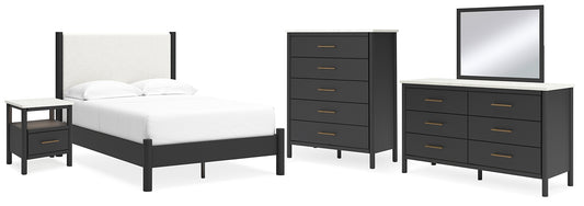 Cadmori Full Upholstered Panel Bed with Mirrored Dresser, Chest and Nightstand