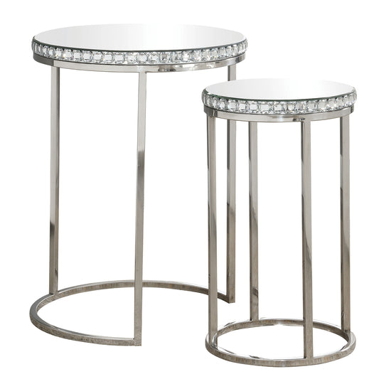 Addison 2-piece Round Mirror Top Nesting Tables Silver