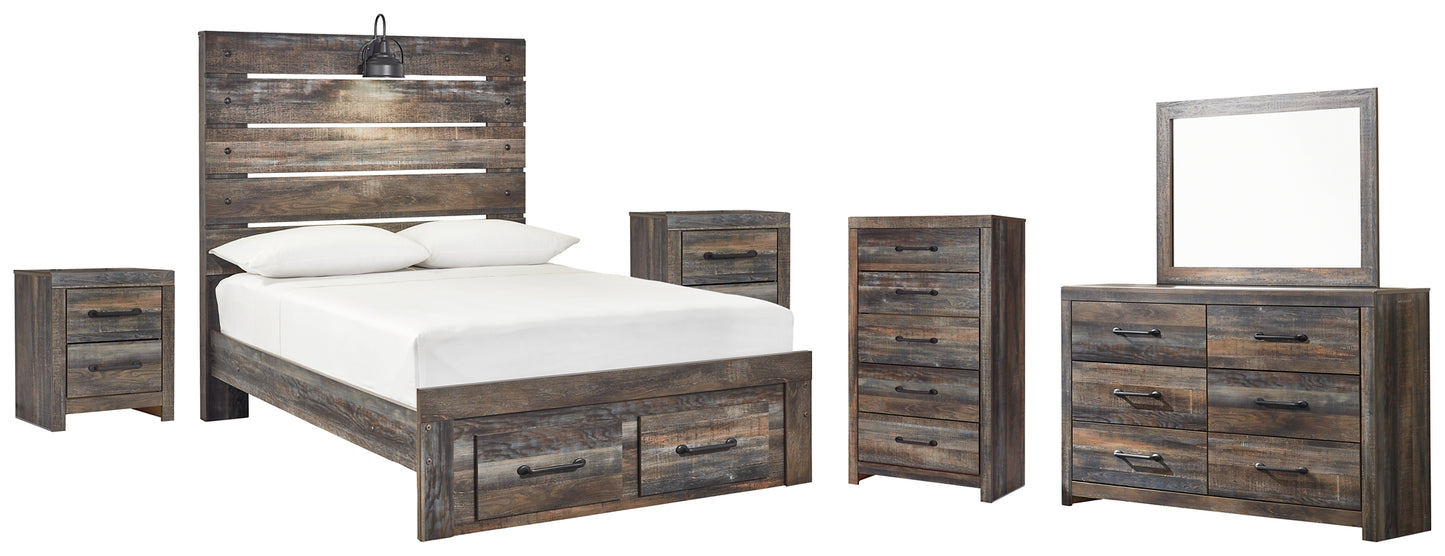 Drystan Full Panel Bed with 2 Storage Drawers with Mirrored Dresser, Chest and 2 Nightstands