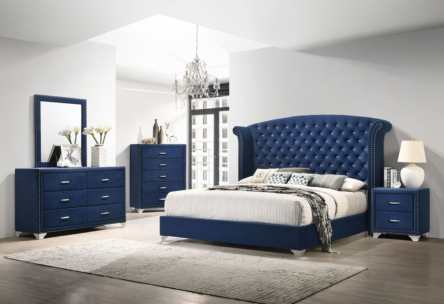 Melody Upholstered Queen Wingback Bed Pacific Blue