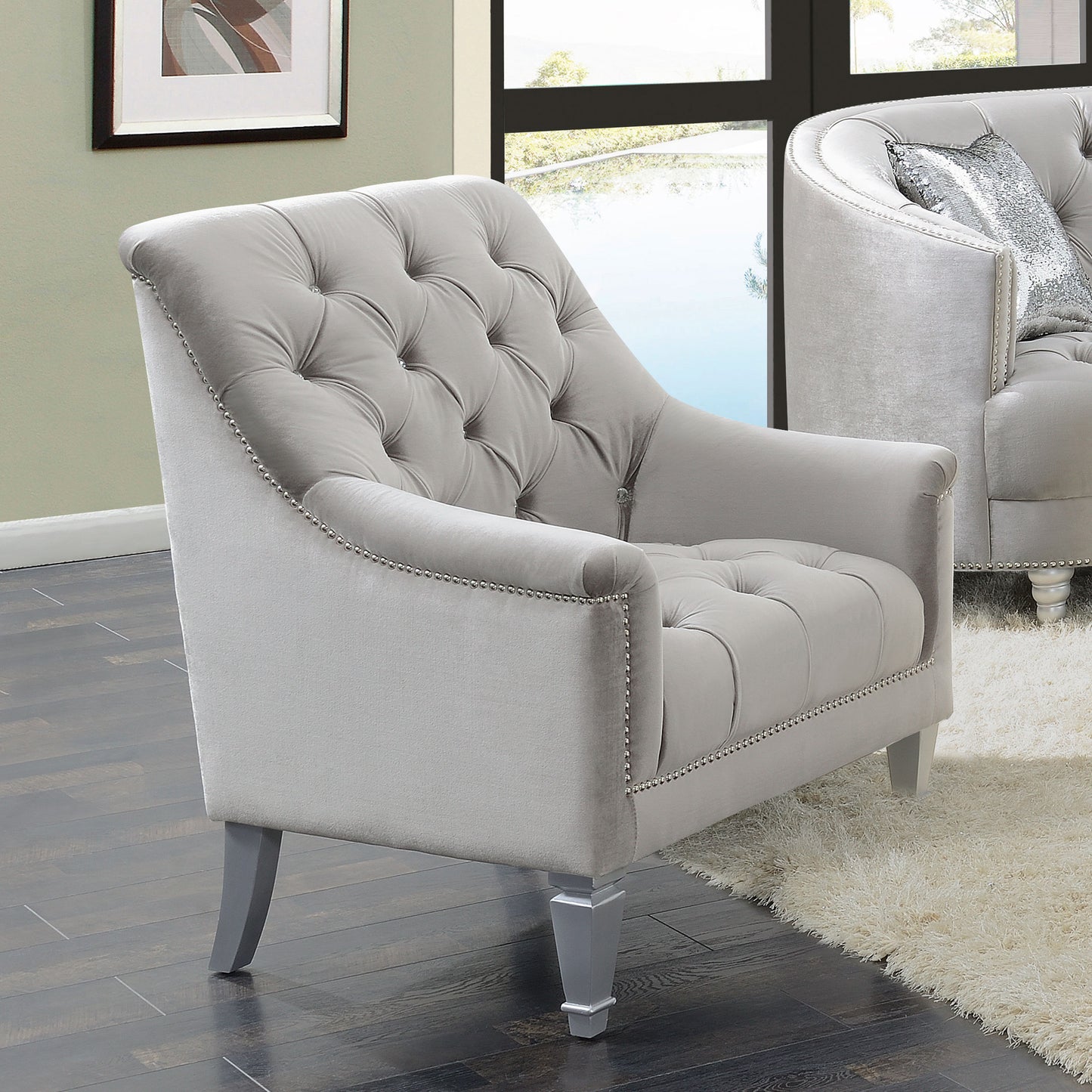 Avonlea Velvet Upholstered Sloped Arm Chair Grey Velvet