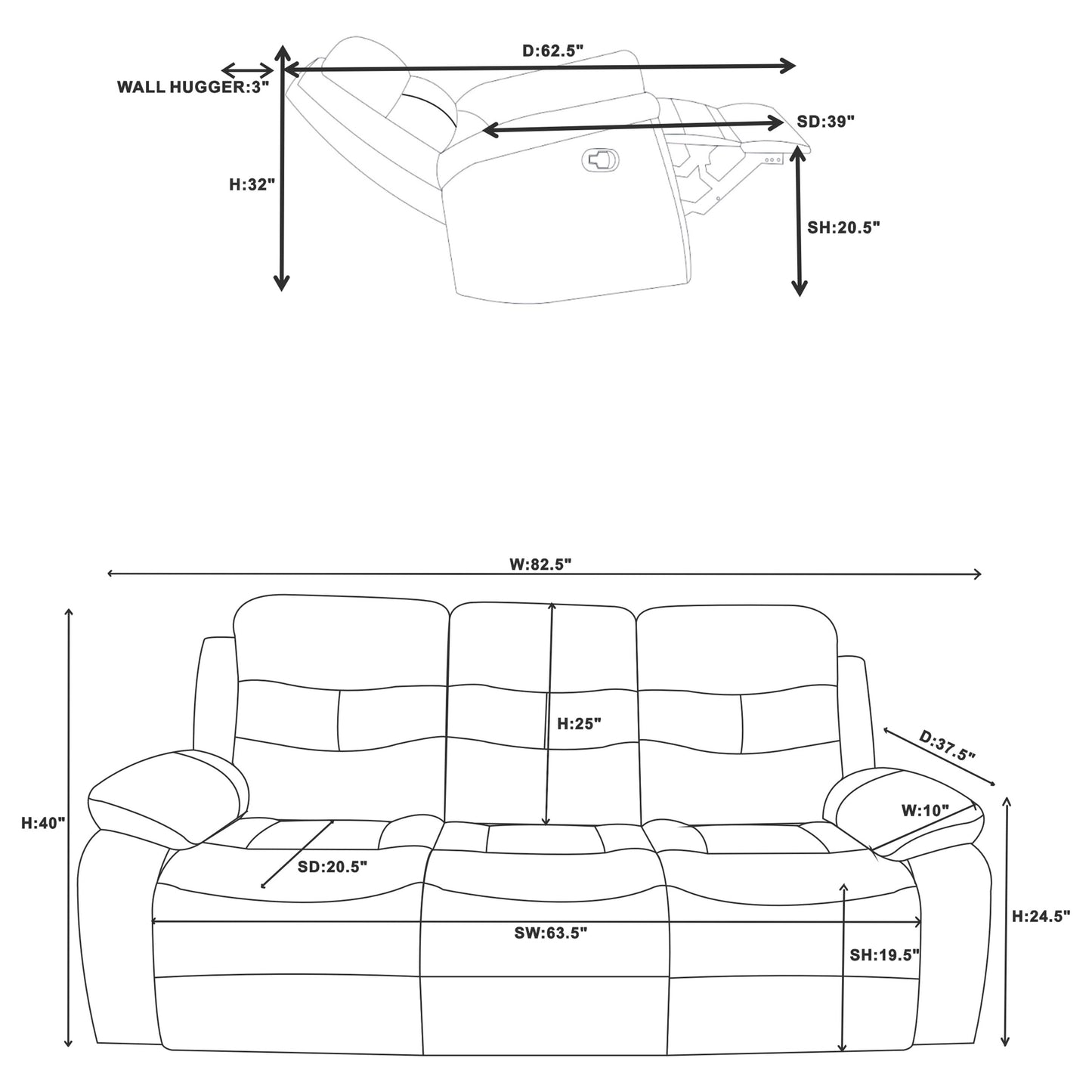 Nova Upholstered Padded Arm Reclining Sofa Dark Grey