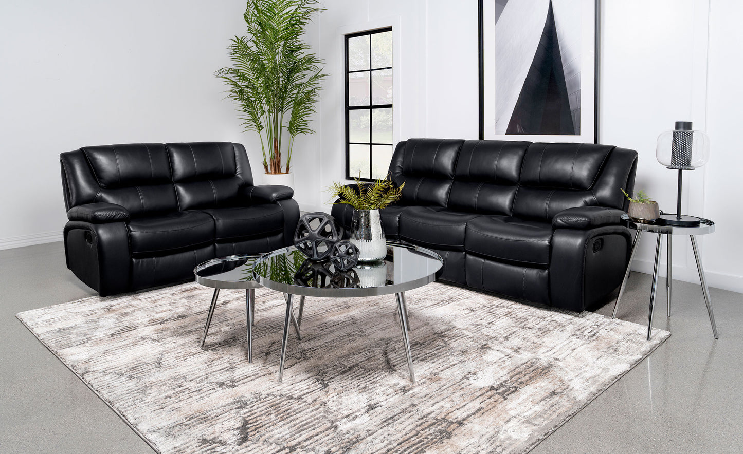 Camila 2-piece Upholstered Motion Reclining Sofa Set Black