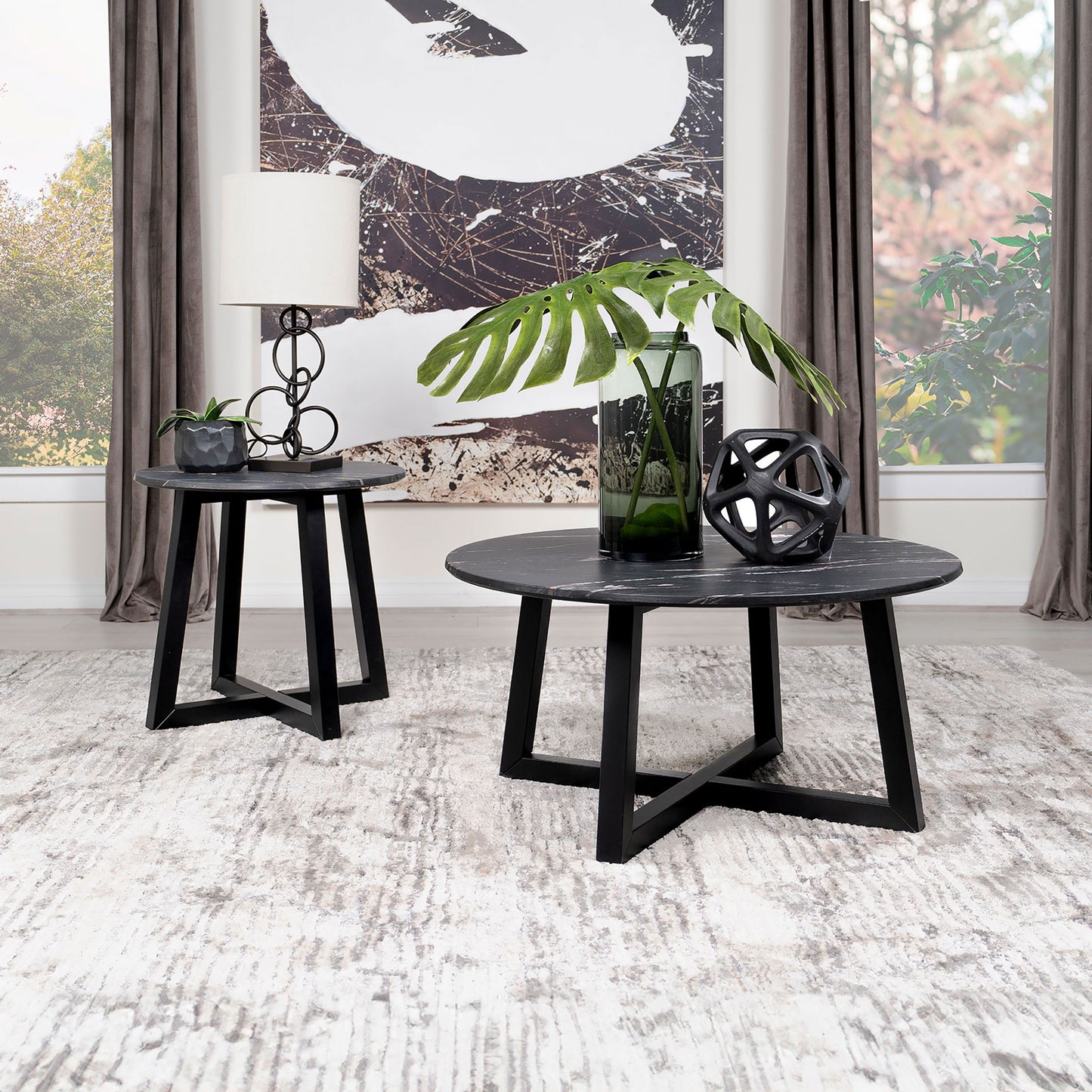 Skylark Round Marble-like SmartTop Side End Table Black