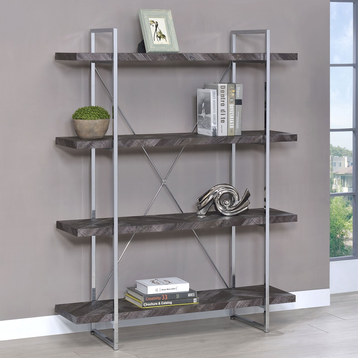 Grimma 63-inch 4-shelf Bookshelf Rustic Grey and Chrome